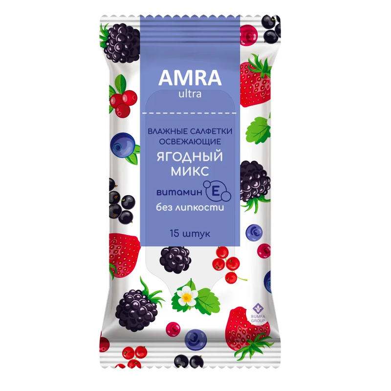 БУМФА ГРУПП AMRA Салфетки влажные освежающие лайм с мятой, ягодный микс, ромашка 15 шт